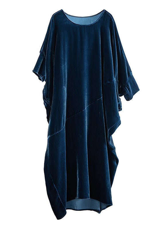 Loose Navy O Neck Asymmetrical Patchwork Silk Velour Dresses Fall