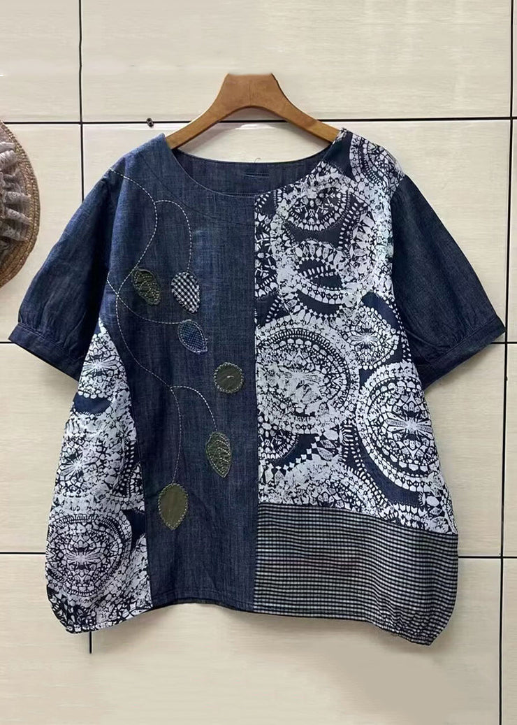 Loose Navy O Neck Asymmetrical Print Patchwork Denim Top Summer