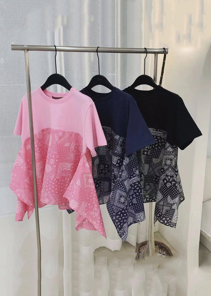 Loose Navy O-Neck Print Patchwork Cotton T Shirt Summer