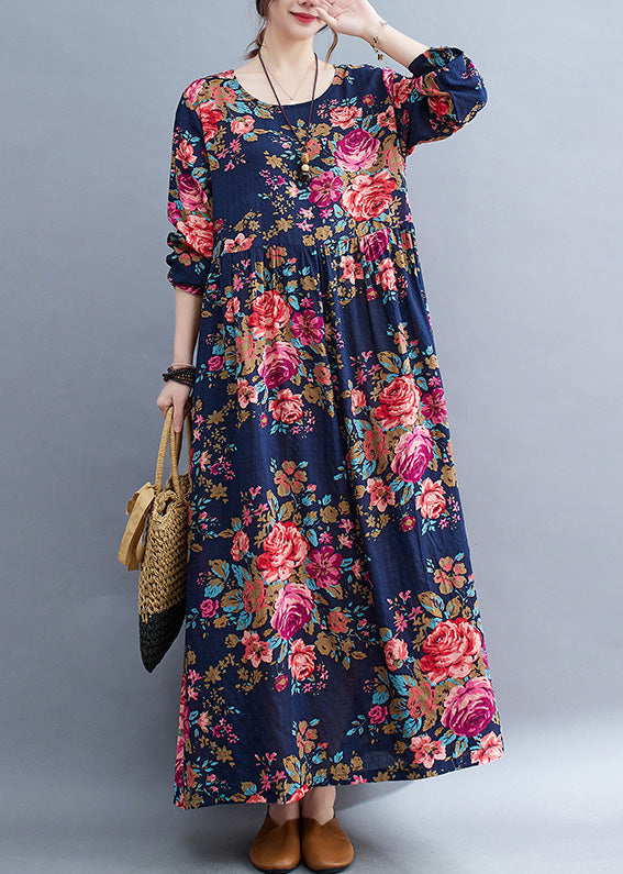 Loose Navy O-NeckPatchwork Print Cotton Party Long Dress Short Sleeve