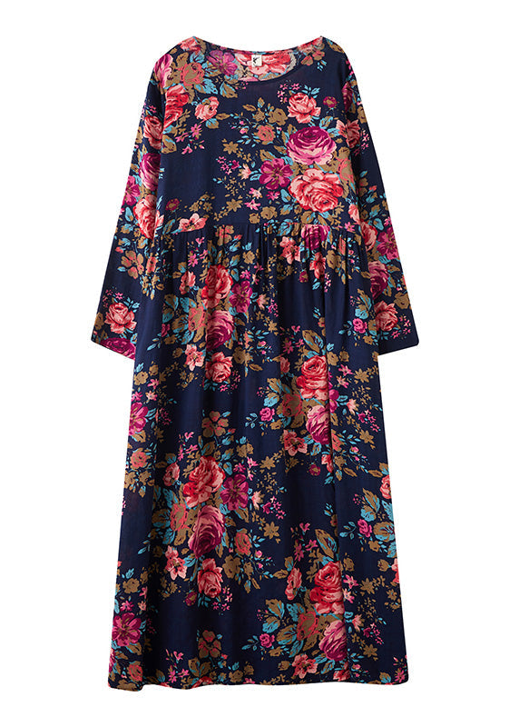 Loose Navy O-NeckPatchwork Print Cotton Party Long Dress Short Sleeve