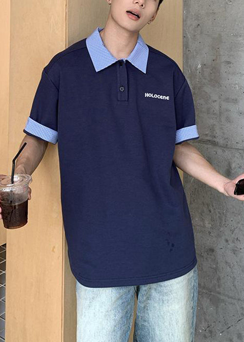 Loose Navy Peter Pan Collar Button Cotton Men Polo Shirts Summer