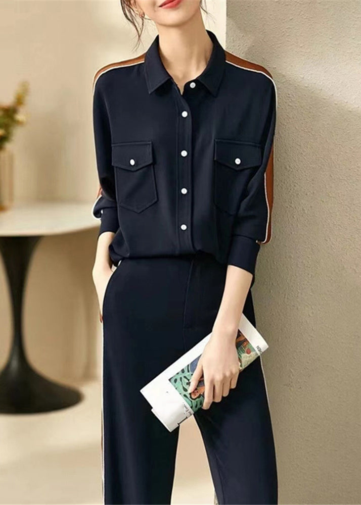 Loose Navy Peter Pan Collar Button Patchwork Cotton Two Pieces Set Fall