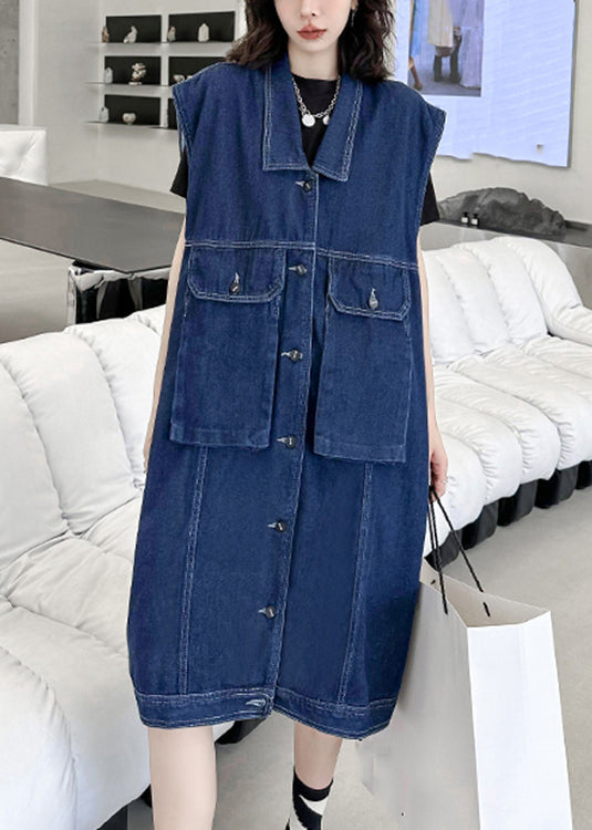 Loose Navy Peter Pan Collar Button Patchwork Denim Long Waistcoat Sleeveless