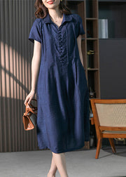 Loose Navy Peter Pan Collar Button Solid Long Dresses Short Sleeve