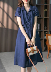 Loose Navy Peter Pan Collar Button Solid Long Dresses Short Sleeve