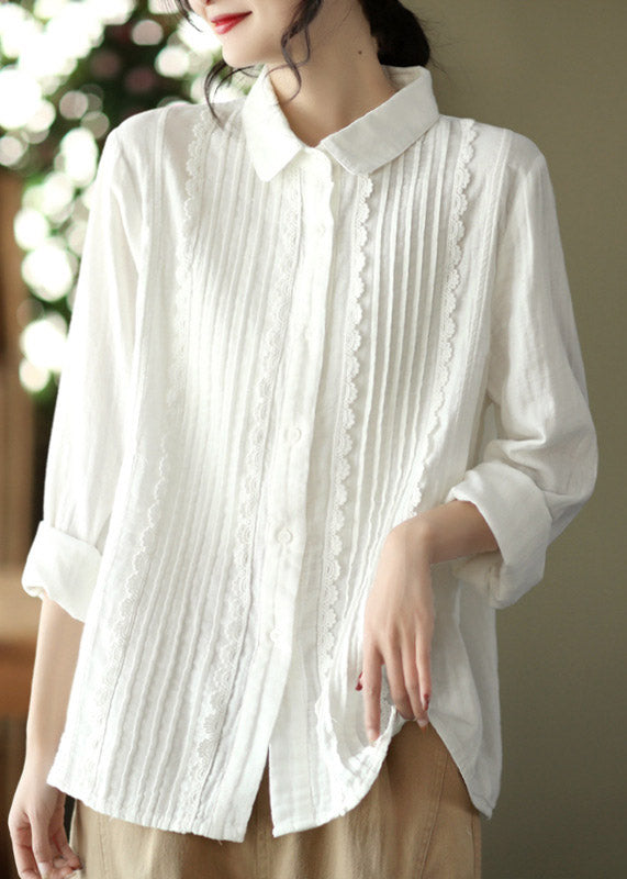 Loose Navy Peter Pan Collar Lace Patchwork Cotton Shirt Long Sleeve