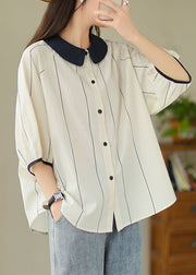 Loose Navy Peter Pan Collar Striped Cotton Shirts Summer