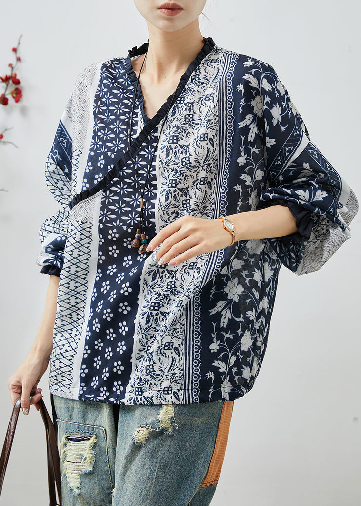 Loose Navy Print Cotton Blouse Top Fall