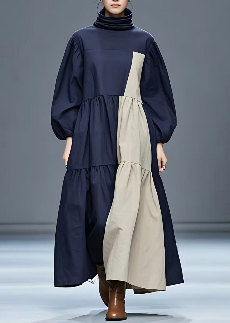 Loose Navy Turtleneck Patchwork Long Dress Fall