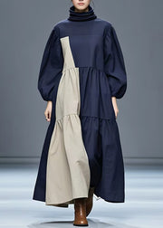 Loose Navy Turtleneck Patchwork Long Dress Fall