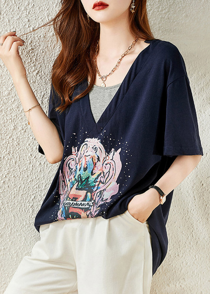 Loose Navy V Neck Print Cotton T Shirt Summer