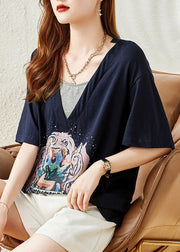 Loose Navy V Neck Print Cotton T Shirt Summer