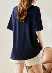 Loose Navy V Neck Print Cotton T Shirt Summer