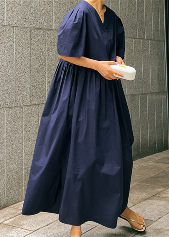 Loose Navy V Neck Wrinkled Button Cotton Maxi Dresses Short Sleeve