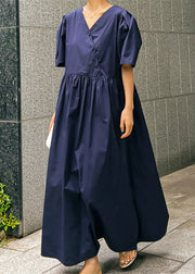 Loose Navy V Neck Wrinkled Button Cotton Maxi Dresses Short Sleeve