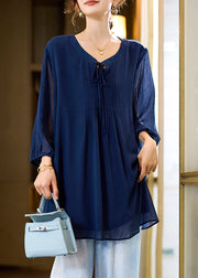 Loose Navy Wrinkled Lace Up Chiffon Tops Bracelet Sleeve