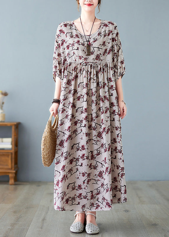 Loose O-Neck Patchwork Wrinkled Cotton Long Dress Summer