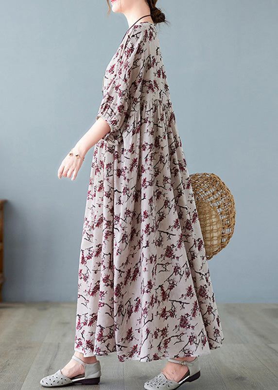 Loose O-Neck Patchwork Wrinkled Cotton Long Dress Summer