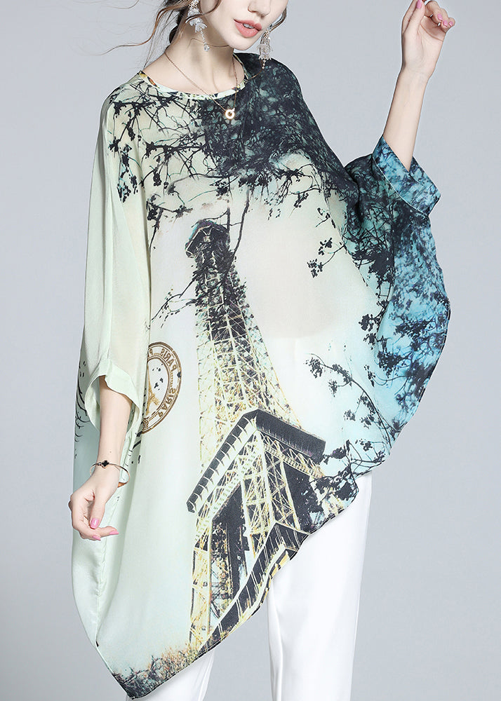 Loose O Neck Print Silk T Shirt Batwing Sleeve