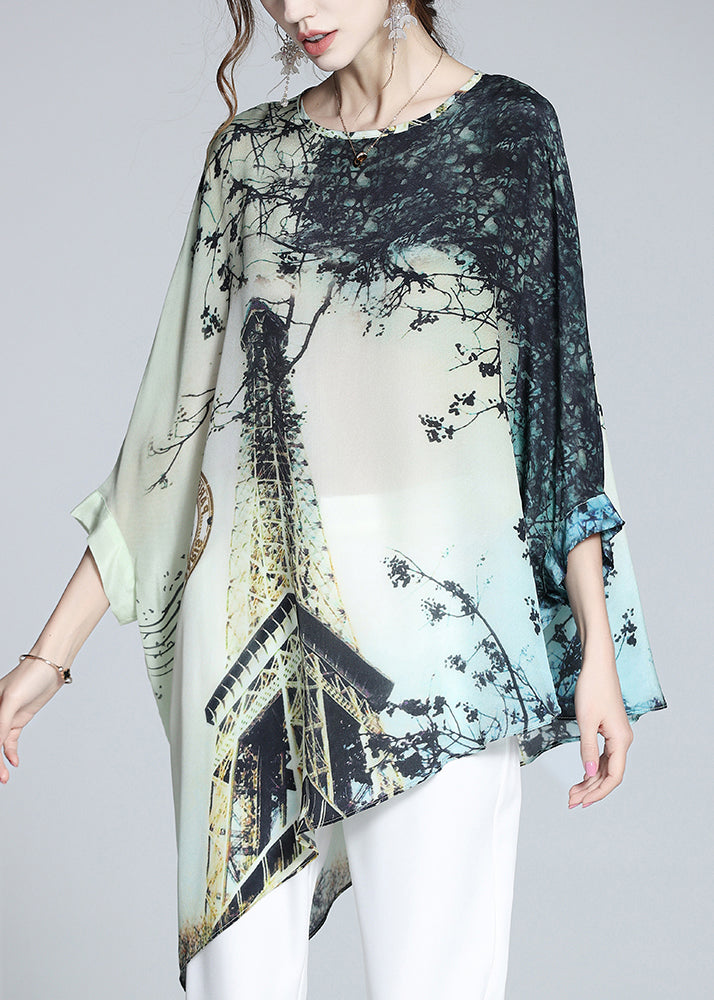 Loose O Neck Print Silk T Shirt Batwing Sleeve