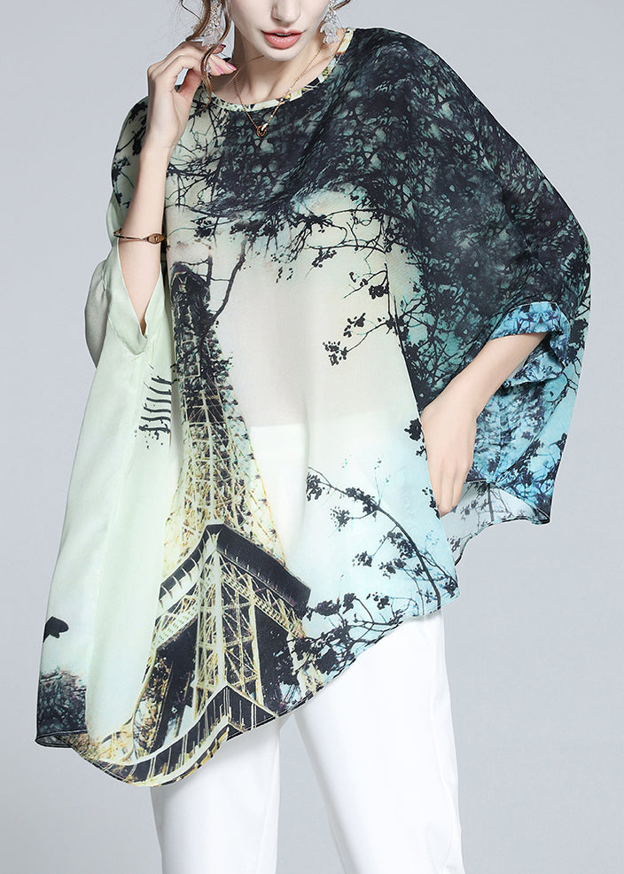 Loose O Neck Print Silk T Shirt Batwing Sleeve