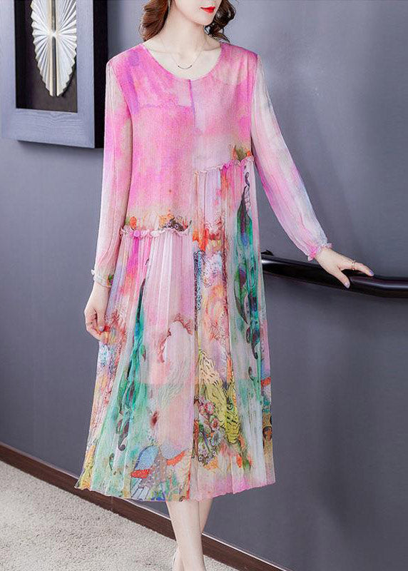 Loose O-Neck Print Wrinkled Party Silk Dress Long Sleeve