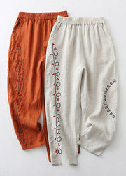 Loose Orange Embroideried Elastic Waist Cotton Harem Pants Summer