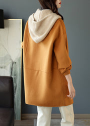 Loose Orange Hooded Button Pockets Patchwork Woolen Coat Fall