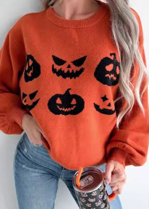 Loose Orange O Neck Cozy Knit Sweater Long Sleeve