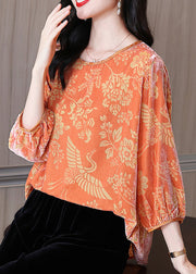 Loose Orange O Neck Print Patchwork Silk Velour Shirt Tops Fall