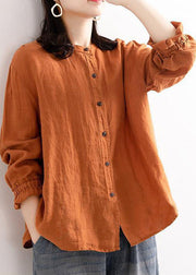 Loose Orange O Neck Ruffled Button Linen Blouses Long Sleeve