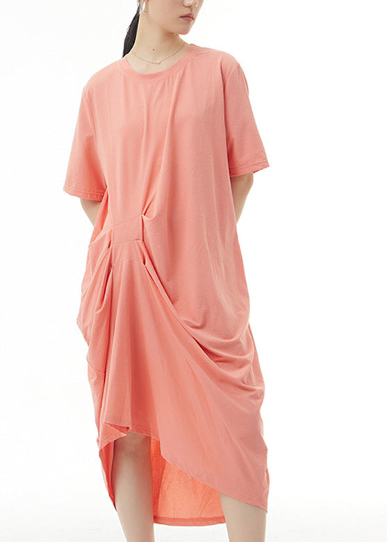 Loose Orange O-Neck Solid Cotton Long Dress Summer