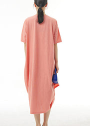 Loose Orange O-Neck Solid Cotton Long Dress Summer