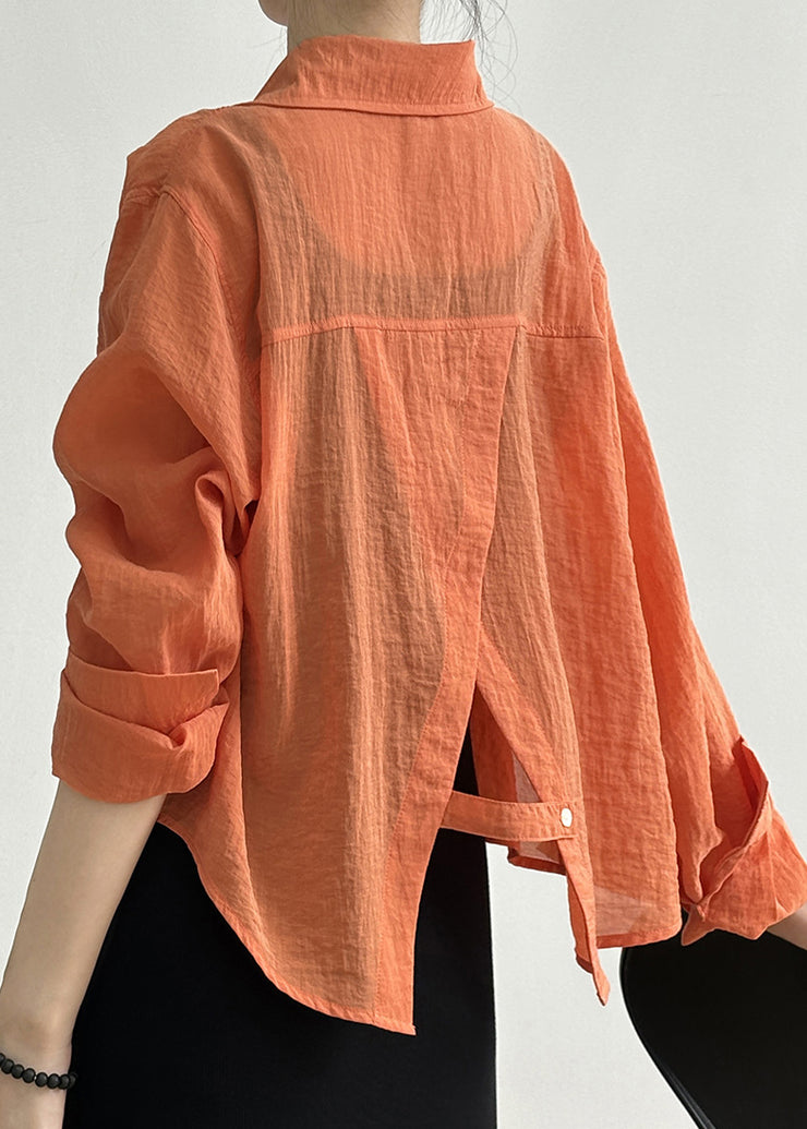 Loose Orange Peter Pan Collar Button Cotton Short Shirts Fall