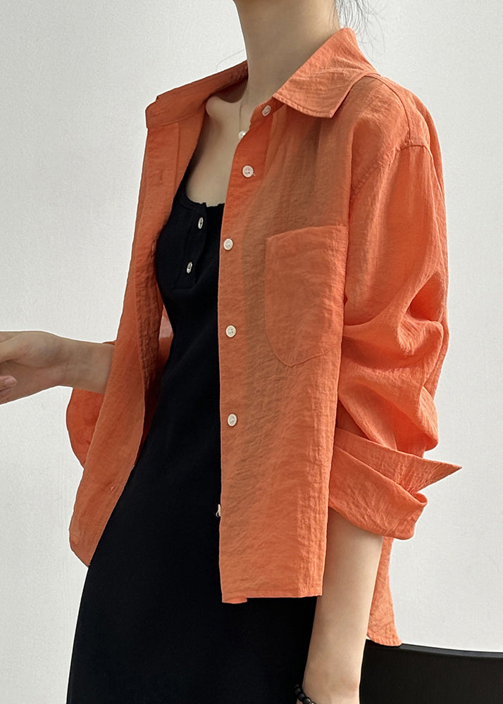 Loose Orange Peter Pan Collar Button Cotton Short Shirts Fall