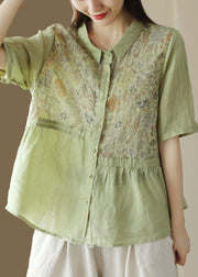 Loose Orange Peter Pan Collar Print Patchwork Linen Blouse Top Summer