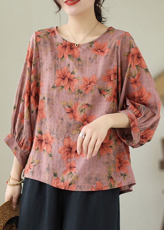 Loose Orange Print Cozy Cotton Top Summer