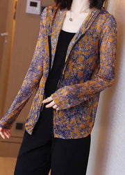 Loose Orange Print Hooded Tulle Coat Long Sleeve