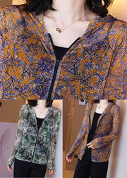 Loose Orange Print Hooded Tulle Coat Long Sleeve