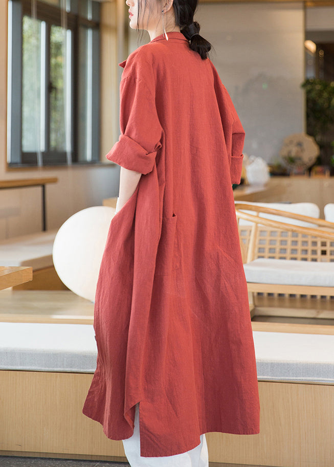 Loose Orange Red Button Side Open Linen Long Coats Long Sleeve