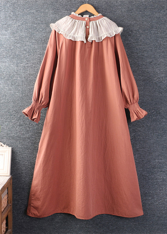 Loose Orange Ruffled Patchwork Cotton Long Dress Spring