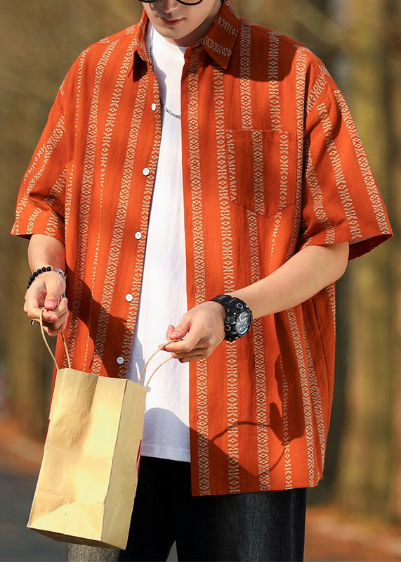 Loose Orange Striped Button Cotton Mens Shirt Half Sleeve