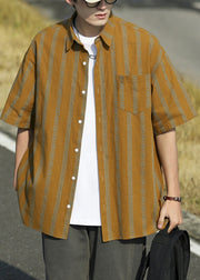 Loose Orange Striped Button Cotton Mens Shirt Half Sleeve