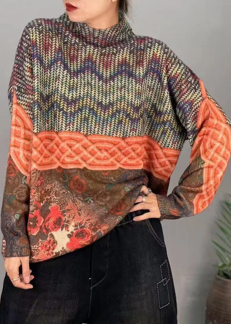 Loose Orange Turtleneck Print Patchwork Mink Hair Knitted Top Fall