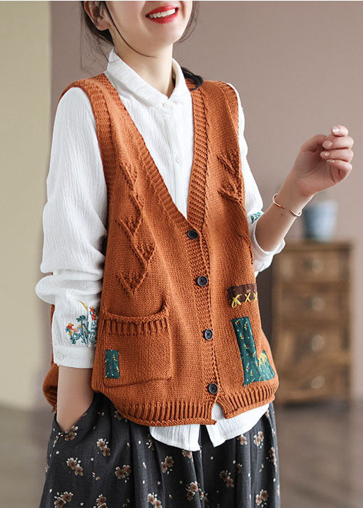 Loose Orange V Neck Patchwork Applique Knit Vest Sleeveless