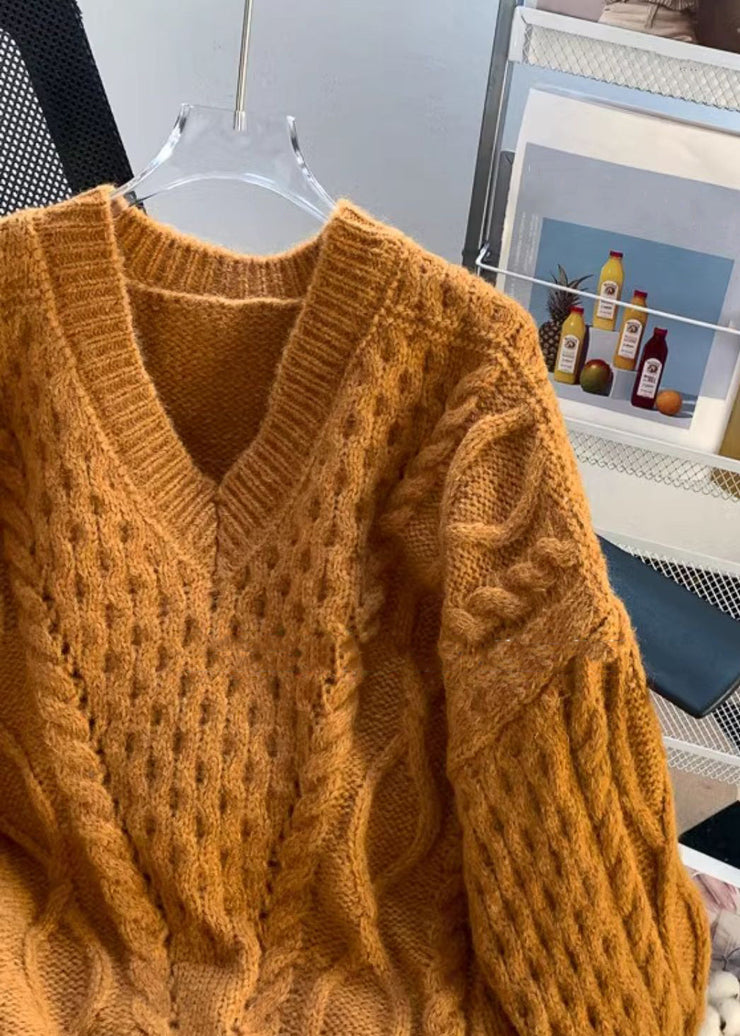 Loose Orange V Neck Patchwork Cozy Cotton Knit Sweaters Fall