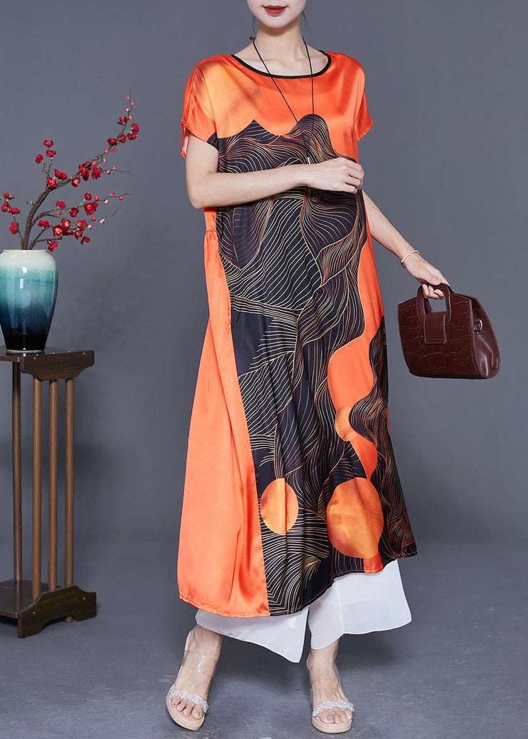 Loose Orange V Neck Print Draping Silk Party Dress Summer