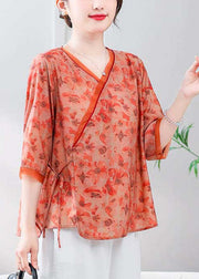 Loose Orange V Neck Print Linen Shirt Half Sleeve