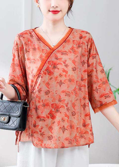 Loose Orange V Neck Print Linen Shirt Half Sleeve